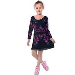 Violet Fractal On Black Background In 3d Glass Frame Kids  Long Sleeve Velvet Dress by Simbadda