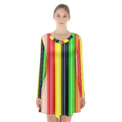 Stripes Colorful Striped Background Wallpaper Pattern Long Sleeve Velvet V-neck Dress by Simbadda