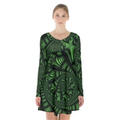 Fractal Drawing Green Spirals Long Sleeve Velvet V-neck Dress by Simbadda