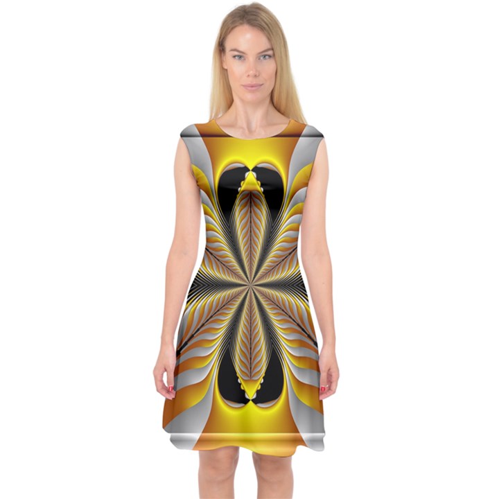 Fractal Yellow Butterfly In 3d Glass Frame Capsleeve Midi Dress