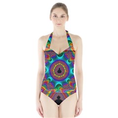 3d Glass Frame With Kaleidoscopic Color Fractal Imag Halter Swimsuit by Simbadda