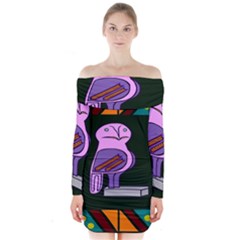 Owl A Colorful Modern Illustration For Lovers Long Sleeve Off Shoulder Dress by Simbadda