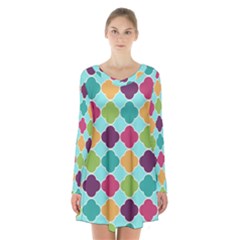 Colorful Quatrefoil Pattern Wallpaper Background Design Long Sleeve Velvet V-neck Dress by Simbadda