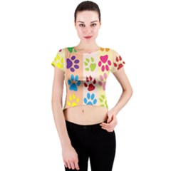 Colorful Animal Paw Prints Background Crew Neck Crop Top by Simbadda