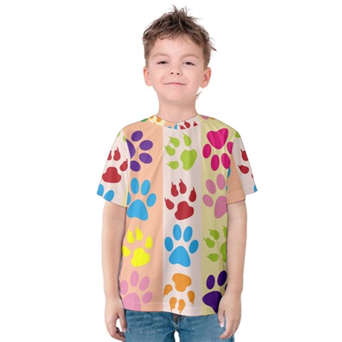 Colorful Animal Paw Prints Background Kids  Cotton Tee by Simbadda