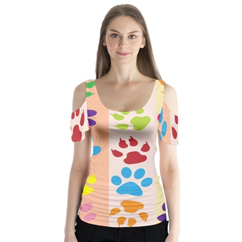 Colorful Animal Paw Prints Background Butterfly Sleeve Cutout Tee  by Simbadda