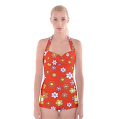 Colorful Flower Power  Boyleg Halter Swimsuit  by GabriellaDavid