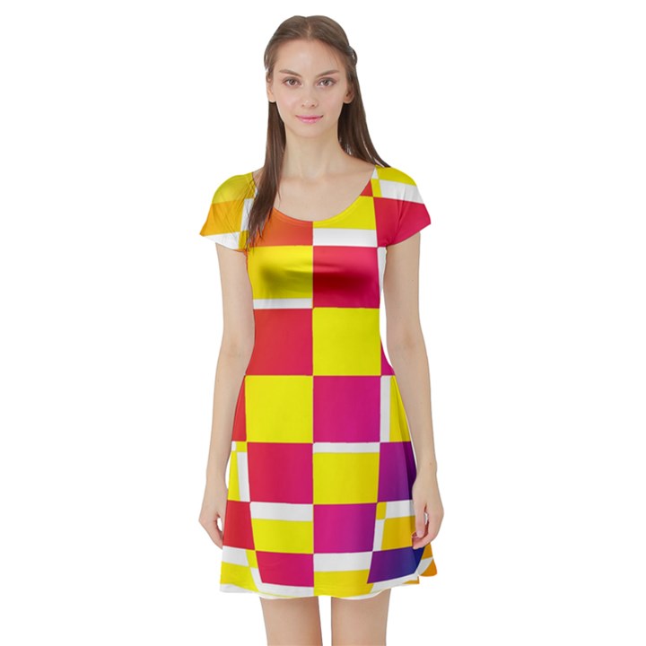 Squares Colored Background Short Sleeve Skater Dress