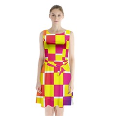 Squares Colored Background Sleeveless Chiffon Waist Tie Dress by Simbadda