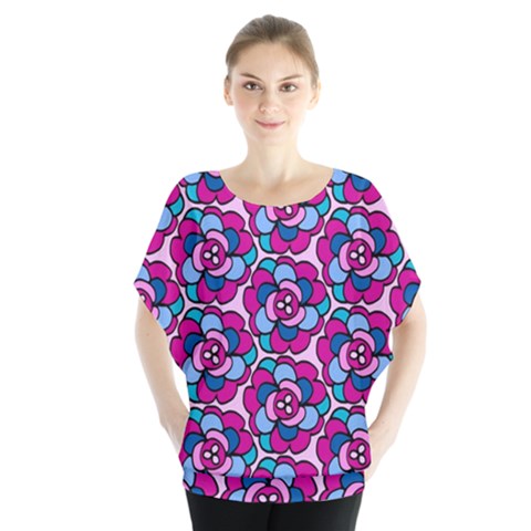 Pink And Blue Abstract Flowers Blouse by GabriellaDavid