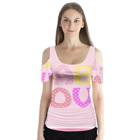 Pink Baby Love Text In Colorful Polka Dots Butterfly Sleeve Cutout Tee  by Simbadda