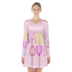 Pink Baby Love Text In Colorful Polka Dots Long Sleeve Velvet V-neck Dress by Simbadda