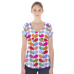 Colorful Bright Leaf Pattern Background Short Sleeve Front Detail Top by Simbadda