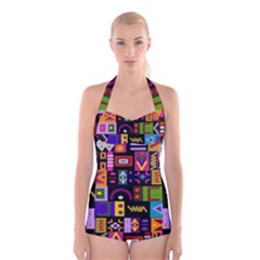 Abstract A Colorful Modern Illustration Boyleg Halter Swimsuit  by Simbadda