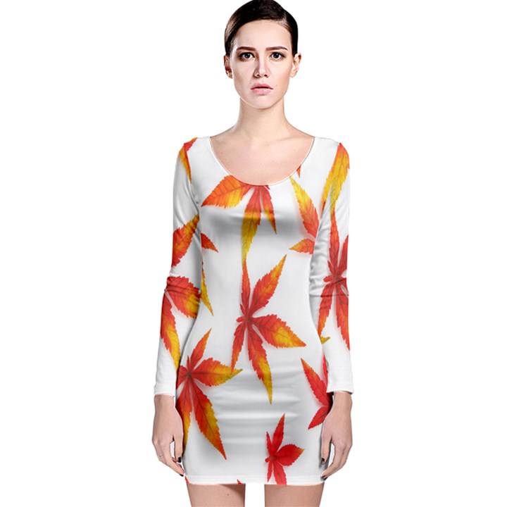 Colorful Autumn Leaves On White Background Long Sleeve Bodycon Dress