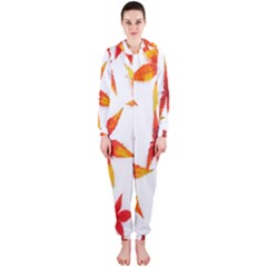 Colorful Autumn Leaves On White Background Hooded Jumpsuit (ladies)  by Simbadda