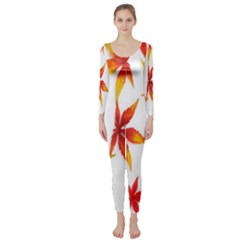 Colorful Autumn Leaves On White Background Long Sleeve Catsuit by Simbadda