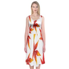 Colorful Autumn Leaves On White Background Midi Sleeveless Dress by Simbadda