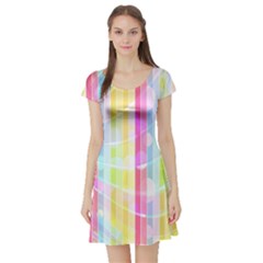 Colorful Abstract Stripes Circles And Waves Wallpaper Background Short Sleeve Skater Dress by Simbadda