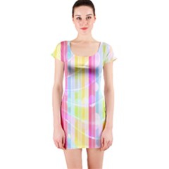 Colorful Abstract Stripes Circles And Waves Wallpaper Background Short Sleeve Bodycon Dress by Simbadda