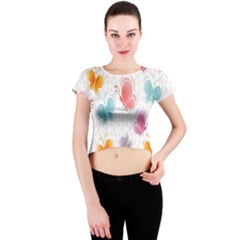 Butterfly Pattern Vector Art Wallpaper Crew Neck Crop Top by Simbadda