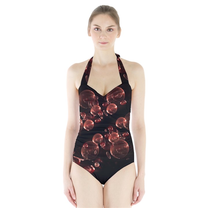 Fractal Chocolate Balls On Black Background Halter Swimsuit