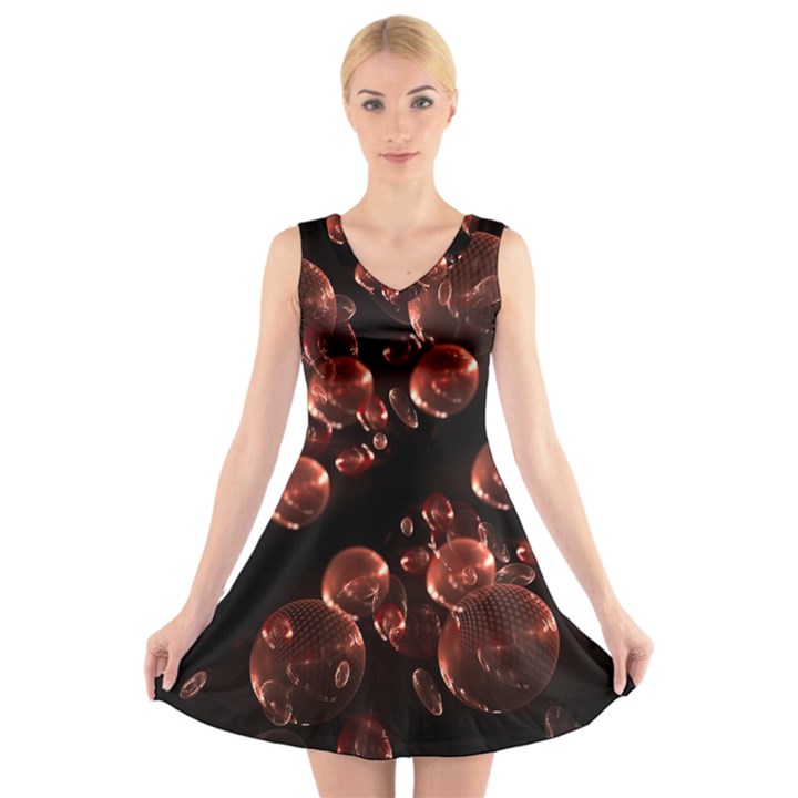 Fractal Chocolate Balls On Black Background V-Neck Sleeveless Skater Dress