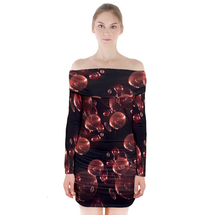 Fractal Chocolate Balls On Black Background Long Sleeve Off Shoulder Dress