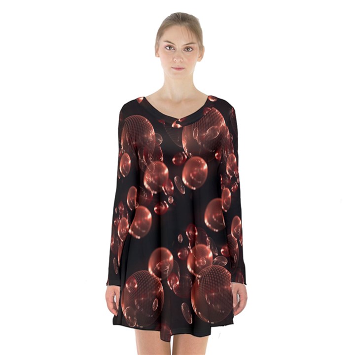 Fractal Chocolate Balls On Black Background Long Sleeve Velvet V-neck Dress