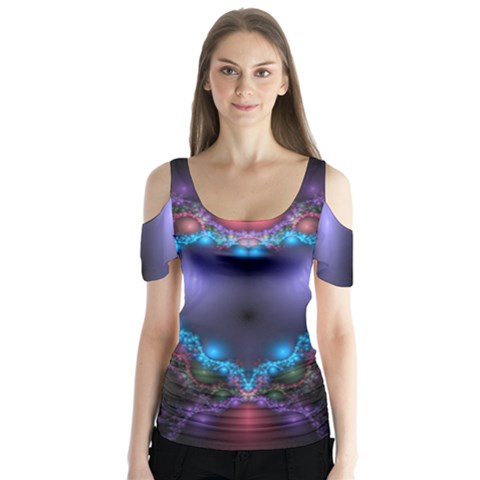 Blue Heart Fractal Image With Help From A Script Butterfly Sleeve Cutout Tee  by Simbadda