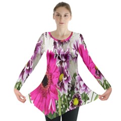 Purple White Flower Bouquet Long Sleeve Tunic  by Simbadda