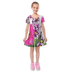 Purple White Flower Bouquet Kids  Short Sleeve Velvet Dress by Simbadda