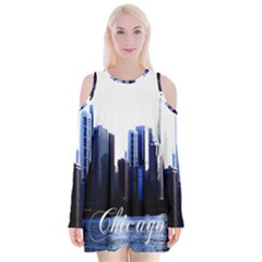 Abstract Of Downtown Chicago Effects Velvet Long Sleeve Shoulder Cutout Dress by Simbadda