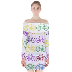 Rainbow Colors Bright Colorful Bicycles Wallpaper Background Long Sleeve Off Shoulder Dress by Simbadda