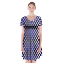 Squares Blue Background Short Sleeve V-neck Flare Dress by Simbadda