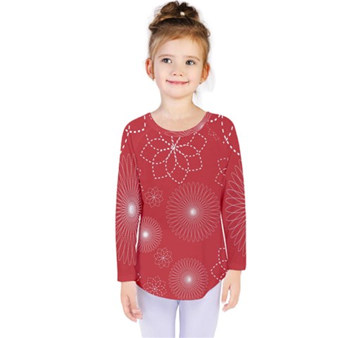 Floral Spirals Wallpaper Background Red Pattern Kids  Long Sleeve Tee by Simbadda