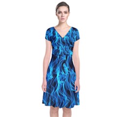 Digitally Created Blue Flames Of Fire Short Sleeve Front Wrap Dress by Simbadda