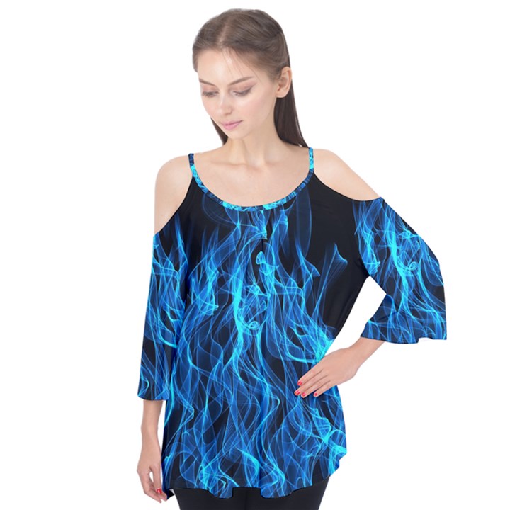 Digitally Created Blue Flames Of Fire Flutter Tees