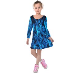 Digitally Created Blue Flames Of Fire Kids  Long Sleeve Velvet Dress by Simbadda