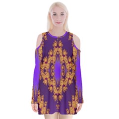 Something Different Fractal In Orange And Blue Velvet Long Sleeve Shoulder Cutout Dress by Simbadda