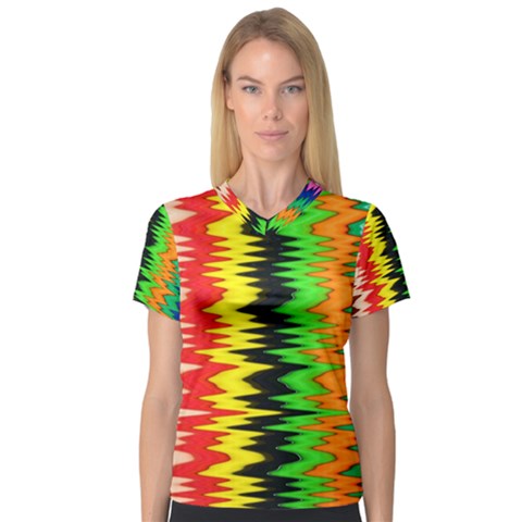 Colorful Liquid Zigzag Stripes Background Wallpaper Women s V-neck Sport Mesh Tee by Simbadda