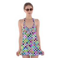 Colorful Dots Balls On White Background Halter Swimsuit Dress by Simbadda