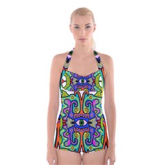 Abstract Shape Doodle Thing Boyleg Halter Swimsuit  by Simbadda