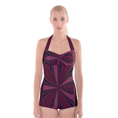 Red Ribbon Effect Newtonian Fractal Boyleg Halter Swimsuit  by Simbadda