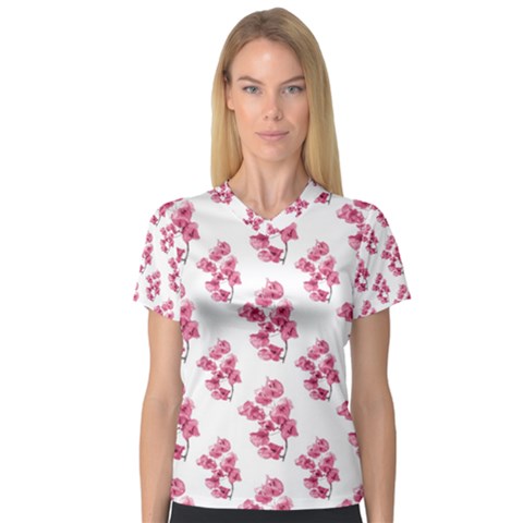 Santa Rita Flowers Pattern Women s V-neck Sport Mesh Tee by dflcprintsclothing