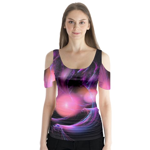 Fractal Image Of Pink Balls Whooshing Into The Distance Butterfly Sleeve Cutout Tee  by Simbadda