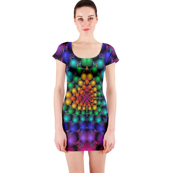 Mirror Fractal Balls On Black Background Short Sleeve Bodycon Dress