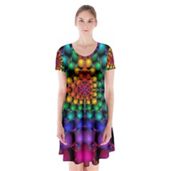 Mirror Fractal Balls On Black Background Short Sleeve V-neck Flare Dress by Simbadda