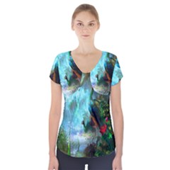 Beautiful Peacock Colorful Short Sleeve Front Detail Top by Simbadda