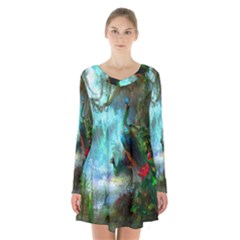 Beautiful Peacock Colorful Long Sleeve Velvet V-neck Dress by Simbadda